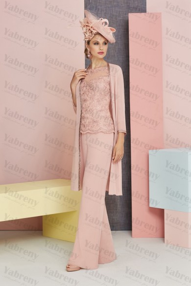 Blushing Pink Lace Mother of the bride pant suits with jacket Pink Trousers outfits so-214