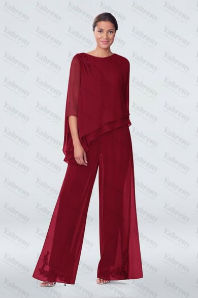 Burgundy Modern Asymmetry Chiffon Embroidery Loose Mother Of the bride Pants Suits mps-284-3