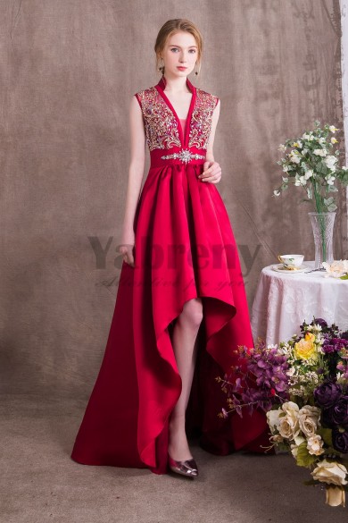 Burgundy Delicate Beaded Satin Gown Asymmetry Prom dresses so-002