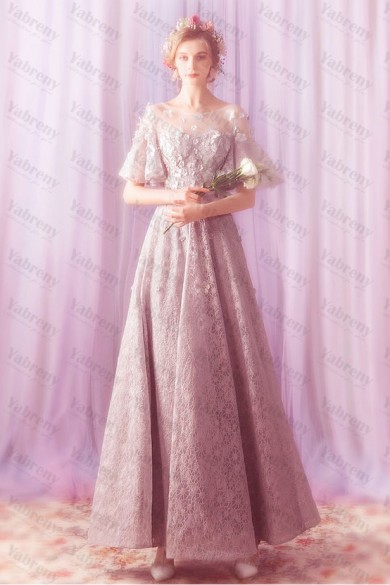 Classic Pink lace Jewel Prom Dresses Elegant Empire Evening Dresses TSJY-125