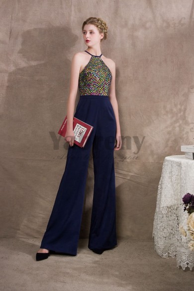 Halter Glamorous Prom dresses Jumpsuits With Colorful Glass Drill so-041