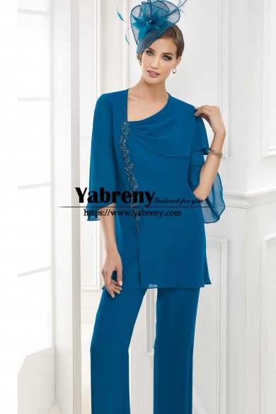 Dark Blue Asymmetric Hand Beading Pant suits for Wedding Guest,Mother of the Bride Trouser Outfits, Tenues d