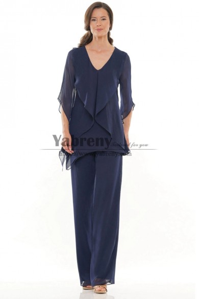 Dark Blue Chiffon Formal Mother of the Bride Pant Suit, Women