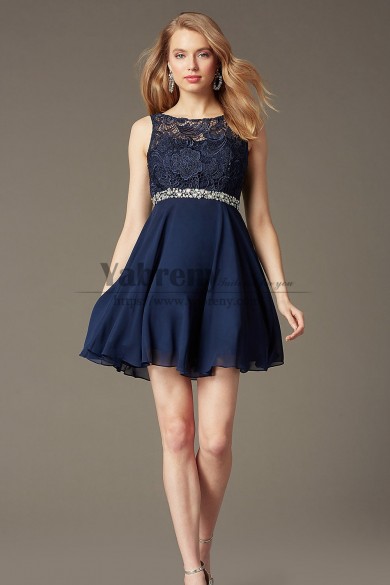 Dark Blue Graduation Dress, Charming Short Party Dress with Glass Drill Belt sd-010-3