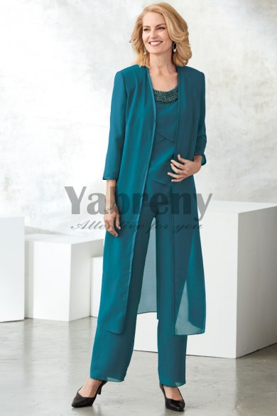 Dark green Mother of the bride pantsuit Layered dress with Long coat mps-103