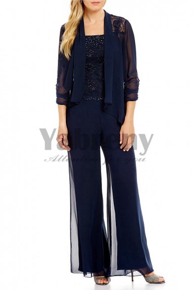 Dark navy Chiffon 3 Pieces Mother of the bride with jacket mps-127