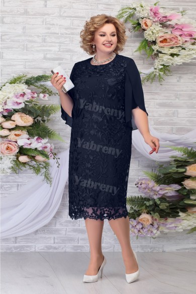 Dark Navy Lace Tea-Length Mother of the Groom Dress Plus Size Women