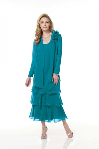 Elegant Chiffon Layered Turquoise Mid-Calf Mother of the Bride Dresses mps-391