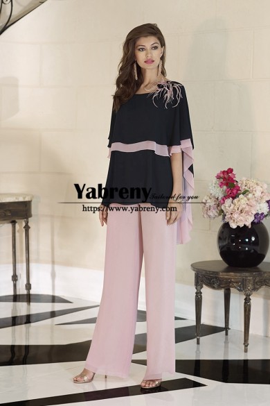 Elegant Chiffon Trousers Set Mother of the Bride Pant Suits Occasion Dress Cape with Feathers,Robes d