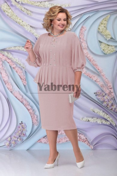 Elegant Pearl Pink Chiffon Long Sleeves Mid-Calf Plus Size Mother Of The Bride Dresses mps-779