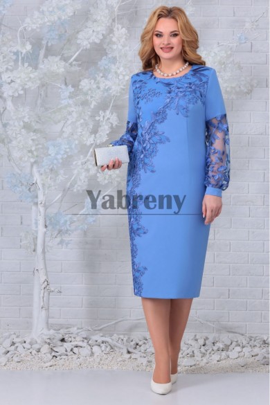 Elegant Sky Blue Lace Long Sleeves Mid-Calf Plus Size Mother Of the Bride Dresses mps-782-4