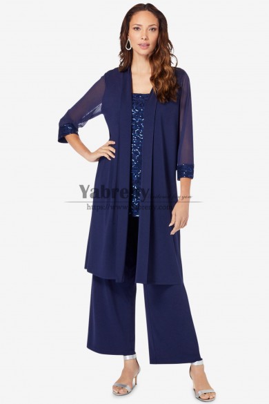 Elegant Three Piece Dark Navy Mother of the Bride Pant Suits with Sequins Women Outfits mps-730-1