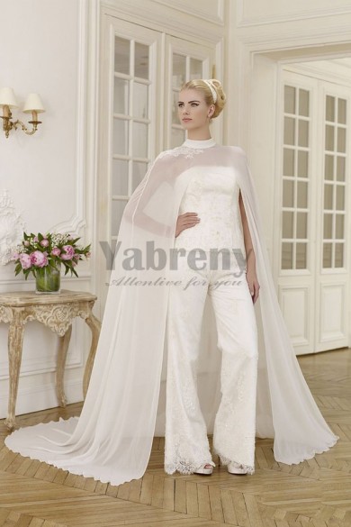 Elegant wedding pant suit lace dress with chiffon cloak mps-015