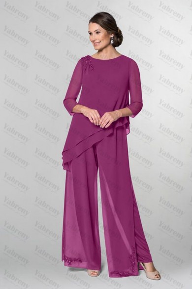 Fuchsia Modern Asymmetry Chiffon Embroidery Loose Mother Of the bride Pants Suits mps-284-4