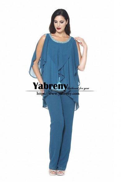 Funky Mother of the Bride Pant suits with Beaded Neckline Chiffon Women Outfit for Wedding mps-674