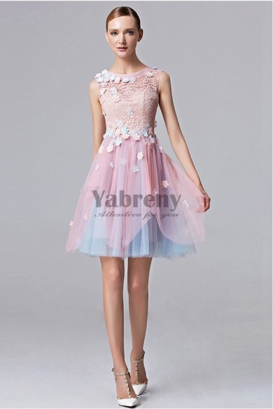 Glamorous A-Line pink and blue lace Homecoming Dresses cyh-020