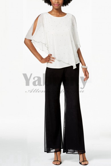 Glamorous Pearl Trim Overlay Top Pants suit for Weding party mps-004