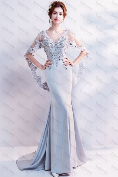 Gray Mermaid Prom Dresses Silver Sweep Train Evening Dresses TSJY-163