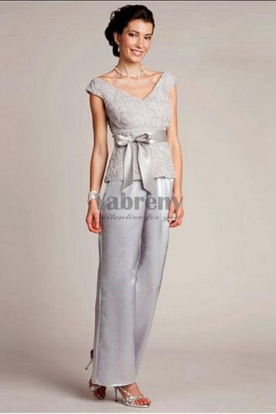 Gray V-Neck Mother of the bride pant suits mps-240