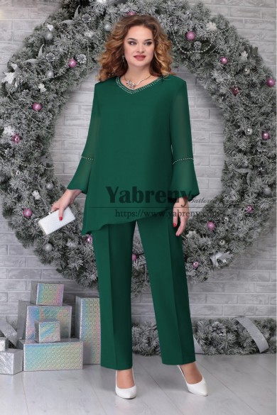 Green Chiffon Pant suits Mother of the Bride Trousers Custom-Made, Women