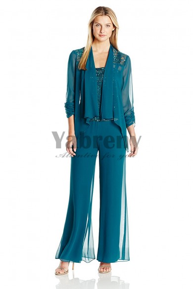 Greenblack Hunter Elegant Mother of the bride pant suits Chiffon Three piece outfit mps-048