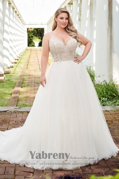 Plus Size Spaghetti Tulle Wedding dress with hand bead wd-038