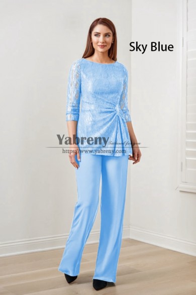 Sky Blue Lace Mother of the Bride Pant Suits, 2 Piece Spring Women