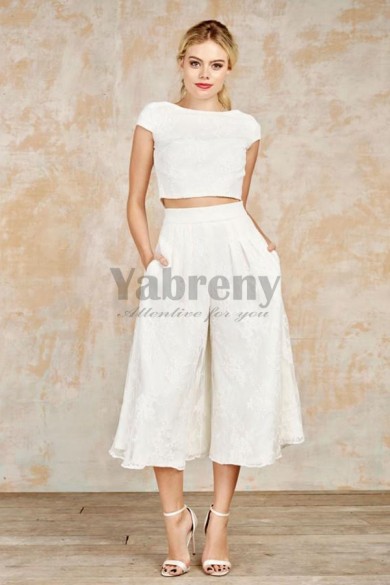 Ivory lace wedding pantsuits culottes and capped mps-013