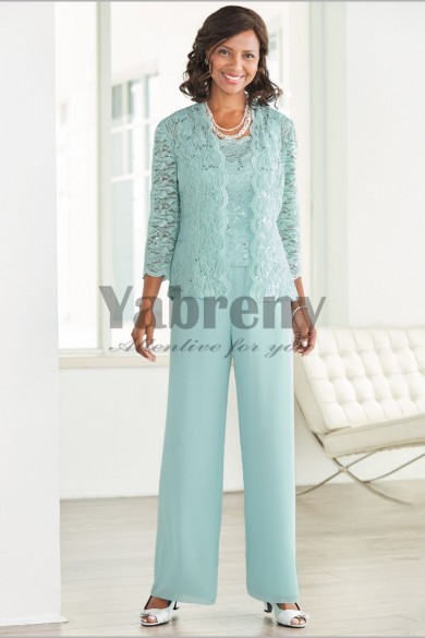 Jade Blue lace Elegant Mother of the bride pant suits with Lace jacket  Elastic waist Trousers outfit Aqua mps-094