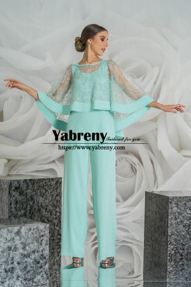 Jade Blue Mother of the Bride Pant Suits with Lace Cape, Elegant Women