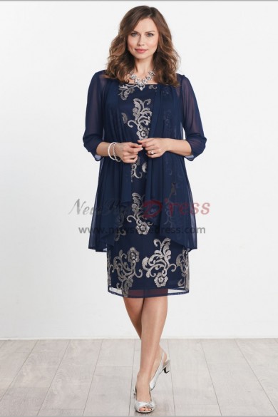 Spring Dark Navy knee length mother of the bride dresses chiffon coat mps-749