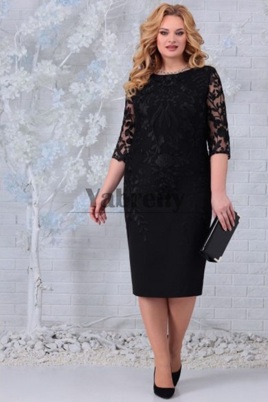 Modern Black Lace Half Sleeves Mid-Calf Plus Size Mother Of the Bride Dresses mps-783-2