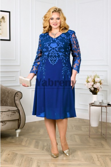 Modern Royal Blue lace Chiffon Long Sleeves Mid-Calf Plus Size Women