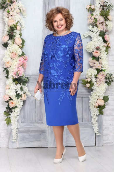 Modern Royal Blue Lace Half Sleeves Mid-Calf Plus Size Mother Of the Bride Dresses mps-783-1