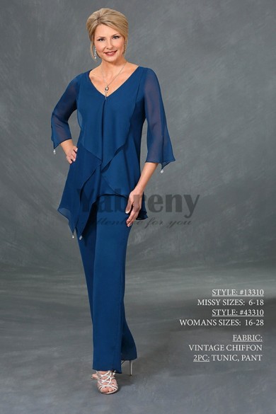 Mother of the bride pant suit three quarter sleeve Royal blue chiffon V-neck outfit mps-061