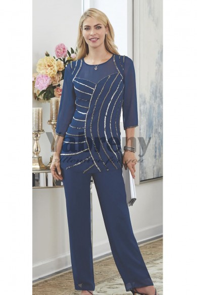 Navy blue Beaded Trouser outfit Elegant Mother of the bride pant suits Chiffon dress Elastic waist mps-089