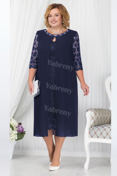Navy Blue Mother Of The Bride Dress, Mid-Calf  Plus Size Women