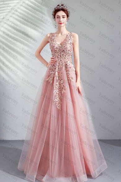 Pink A-line Prom Dresses V-neck Floor-Length Evening Dresses TSJY-150