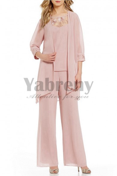 Pink Chiffon 3 PCS Elegant women Outfits Mother of the bride pantsuits mps-003