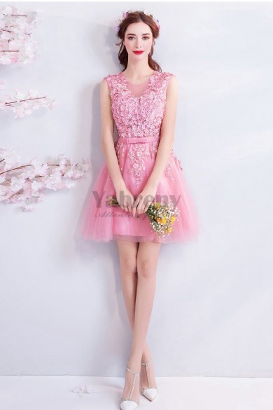 Pink Hand Beading Homecoming Dresses A-line Appliques prom dresses TSJY-062