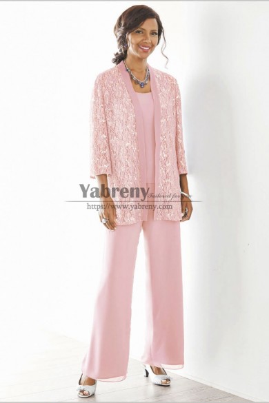 Pink Mother of the bride pant suits Elastic waist Plus size Trousers suit mps-187