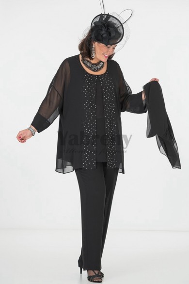 Plus Size Black Mother of the Bride Pant Suits with Hand Beading mps-039