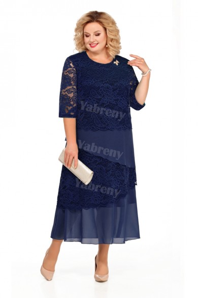 Plus Size Dark Navy Mid-Calf Mother Of The Bride Dresses With Half Sleeves mps-449-6