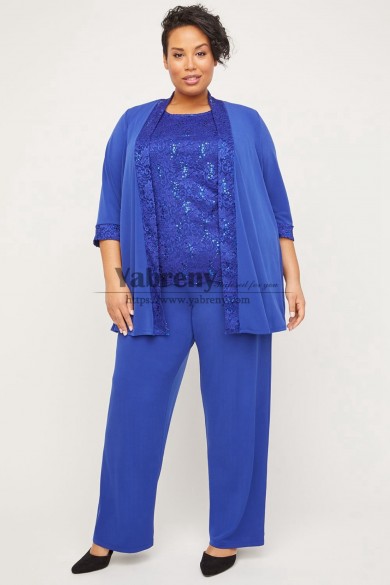 Plus Size Mother of the Bride Pant Suits with Jacket Grandmother Royal Blue Women Outfts mps-740-4