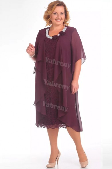 Plus Size Purple Mid-Calf Mother Of The Bride Dress With Hand Pearl Neck mps-448-3