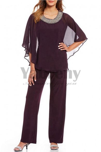 Purple Chiffon Beaded Neck Poncho pant suit for Mother mps-005