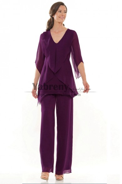 Purple Chiffon Formal Mother of the Bride Pant Suit, Women