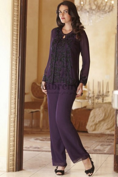Purple customize mother of the bride pant suits with balck appliques mps-244