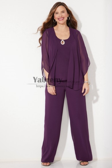 Purple Elastic Waist Chiffon Mother of the Bride Pant Suits Dresses with Jacket Grape Women Outfits mps-721