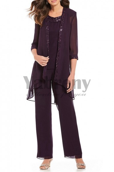 Purple Three pieces Chiffon pants outfit for Mother beach wedding mps-129